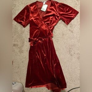 H&M Red Velvet Wrap Midi Dress